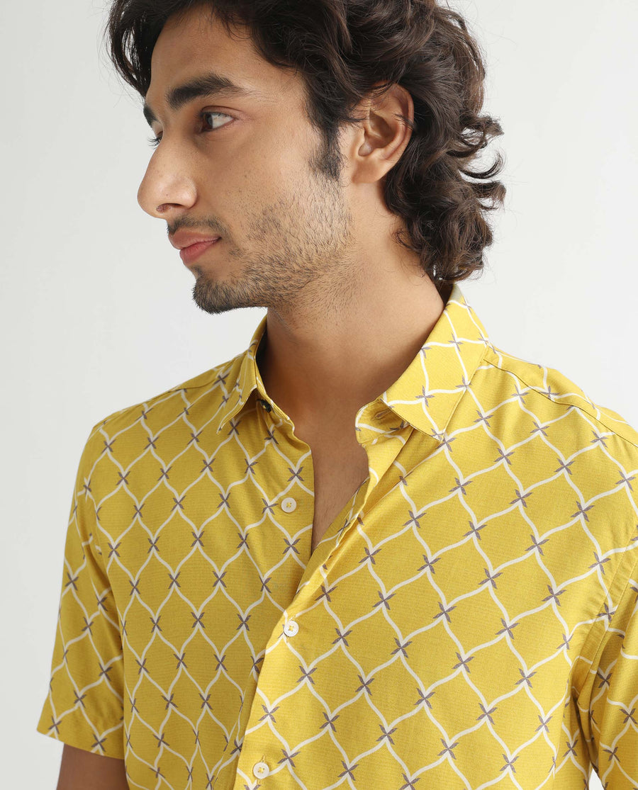 Rare Rabbit Men's Barga Mustard Viscose Geometric Print Regular Fit Half Sleeve Collared Shirt