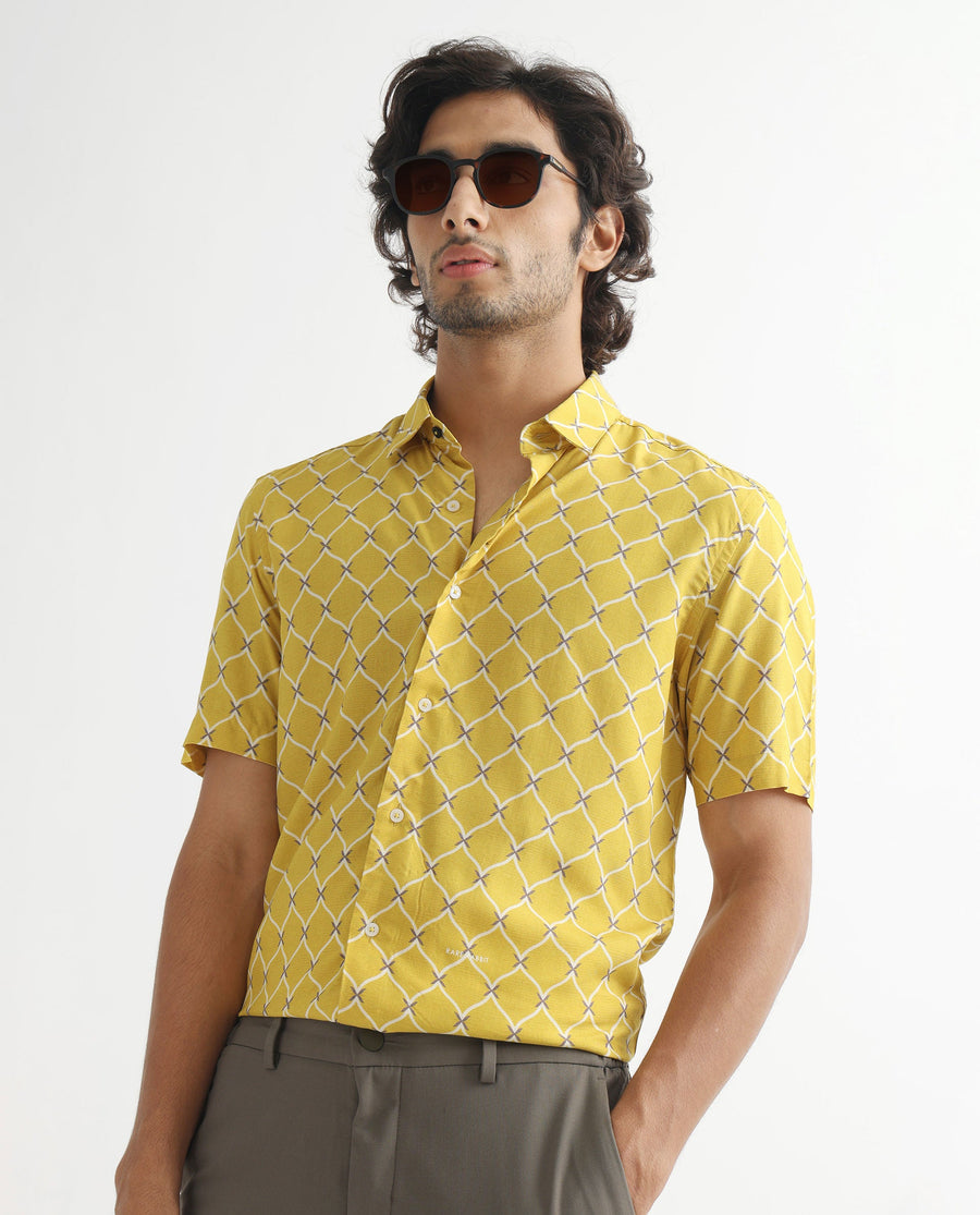 Rare Rabbit Men's Barga Mustard Viscose Geometric Print Regular Fit Half Sleeve Collared Shirt