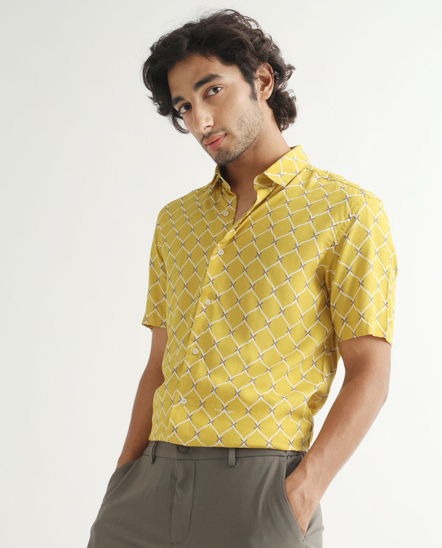 Rare Rabbit Men's Barga Mustard Viscose Geometric Print Regular Fit Half Sleeve Collared Shirt