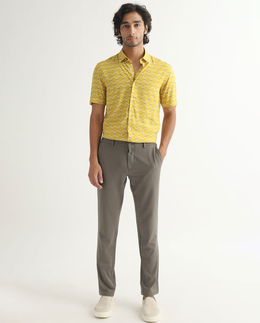 Rare Rabbit Men's Barga Mustard Viscose Geometric Print Regular Fit Half Sleeve Collared Shirt
