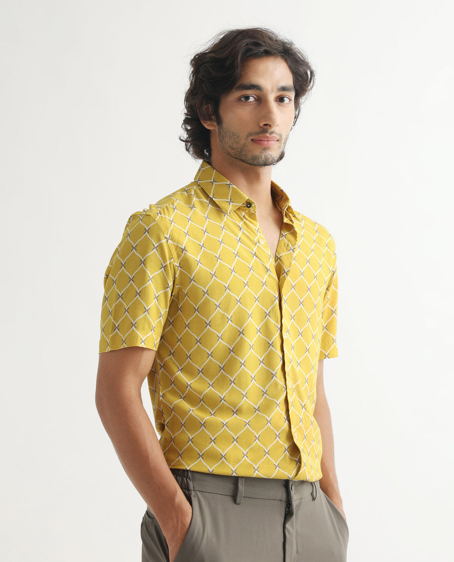 Rare Rabbit Men's Barga Mustard Viscose Geometric Print Regular Fit Half Sleeve Collared Shirt