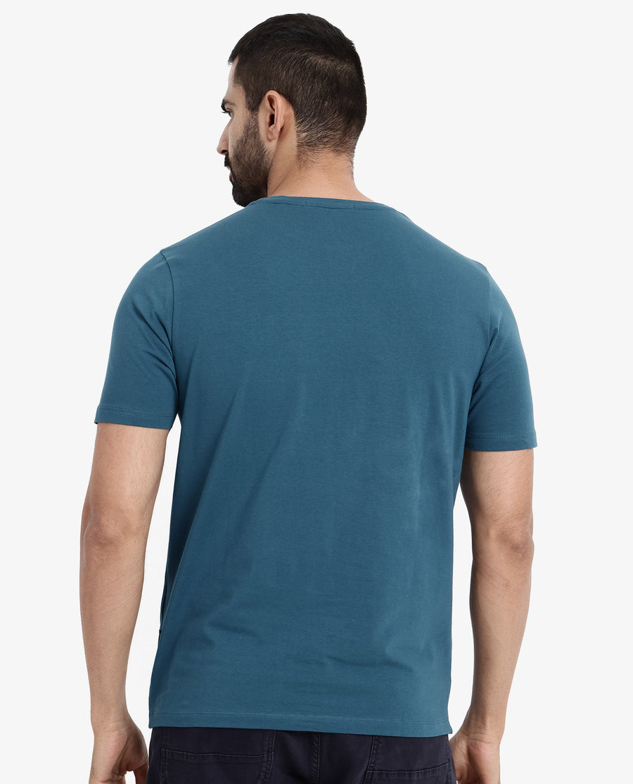 Rare Rabbit Men's Pran Turq Cotton Graphic Print Regular Fit Half Sleeve Crew Neck T-Shirt