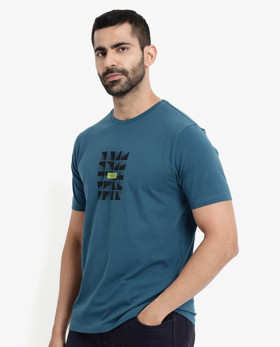 Rare Rabbit Men's Pran Turq Cotton Graphic Print Regular Fit Half Sleeve Crew Neck T-Shirt