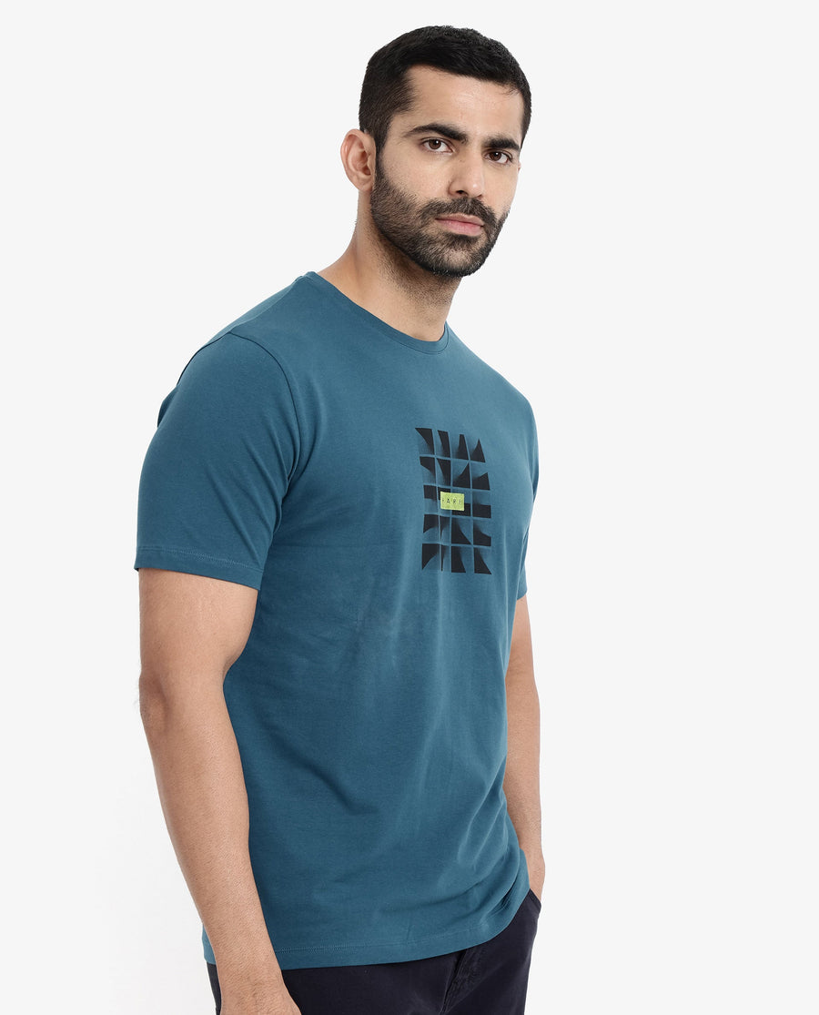 Rare Rabbit Men's Pran Turq Cotton Graphic Print Regular Fit Half Sleeve Crew Neck T-Shirt