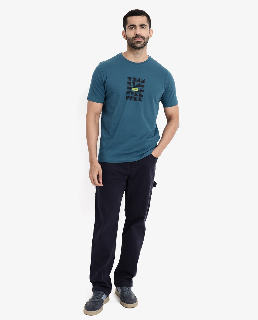 Rare Rabbit Men's Pran Turq Cotton Graphic Print Regular Fit Half Sleeve Crew Neck T-Shirt
