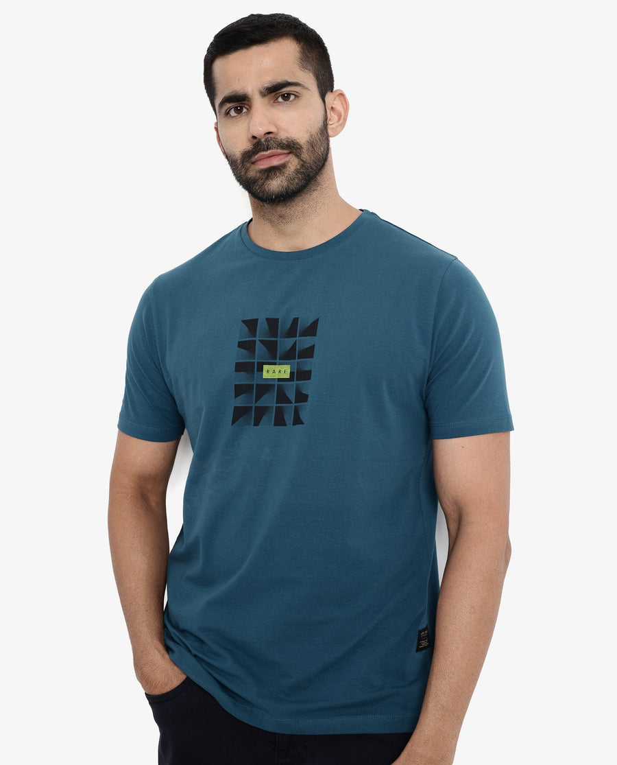 Rare Rabbit Men's Pran Turq Cotton Graphic Print Regular Fit Half Sleeve Crew Neck T-Shirt