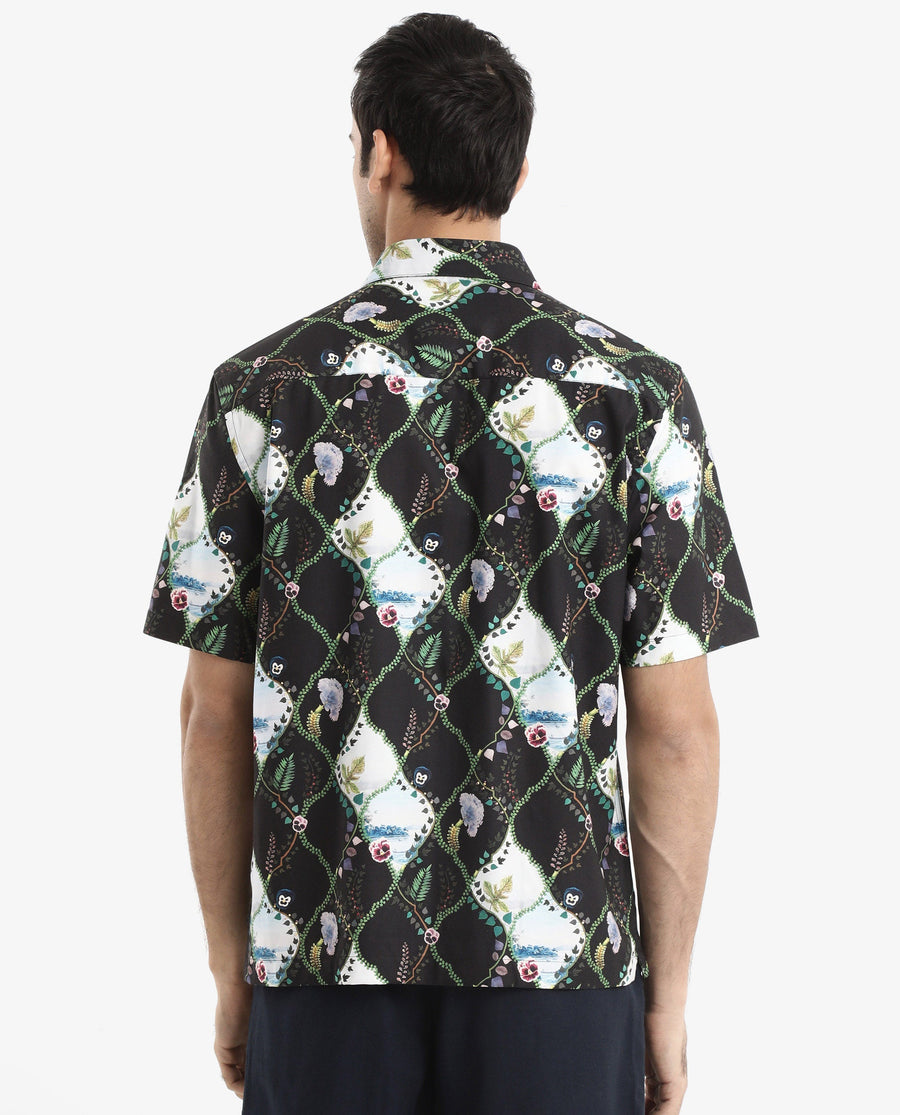 Rare Rabbit Men's Pran Black Viscose Floral Print Regular Fit Half Sleeve Collared Shirt