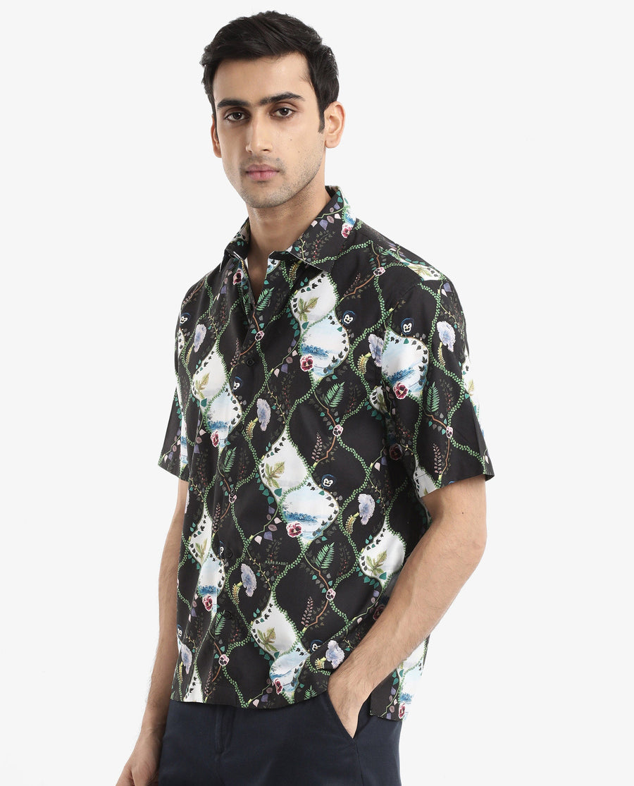 Rare Rabbit Men's Pran Black Viscose Floral Print Regular Fit Half Sleeve Collared Shirt