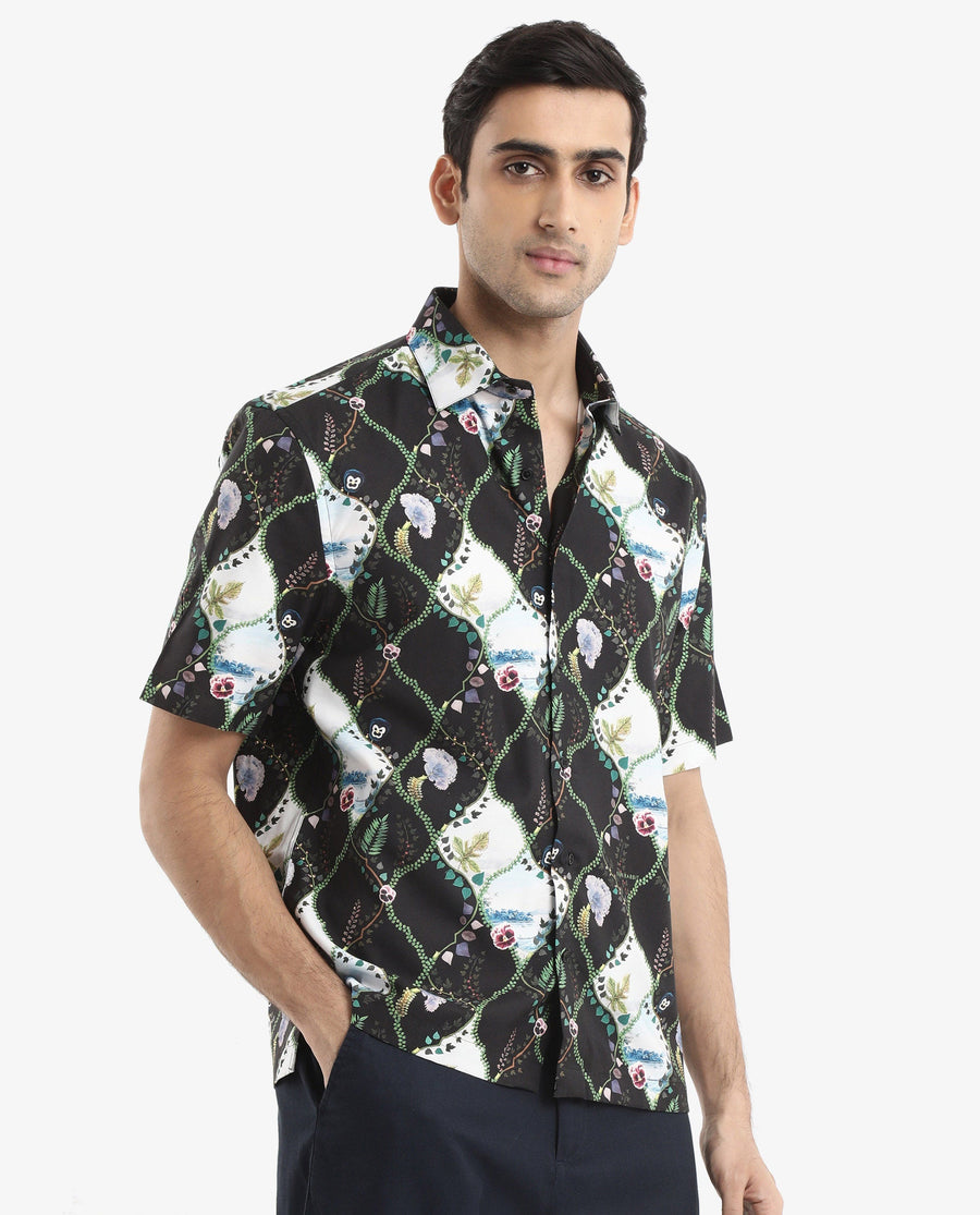 Rare Rabbit Men's Pran Black Viscose Floral Print Regular Fit Half Sleeve Collared Shirt
