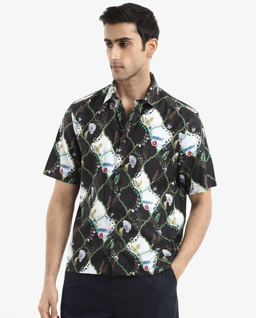 Rare Rabbit Men's Pran Black Viscose Floral Print Regular Fit Half Sleeve Collared Shirt