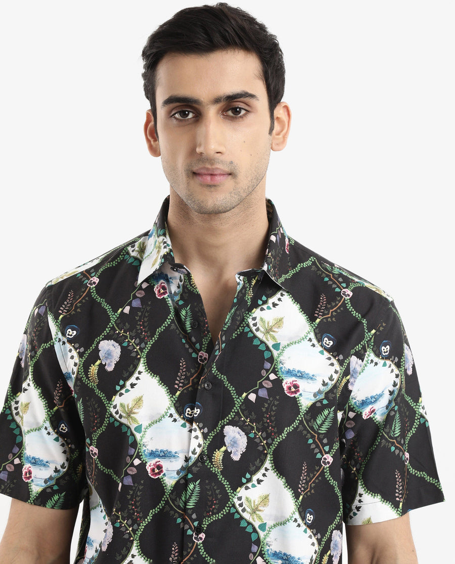 Rare Rabbit Men's Pran Black Viscose Floral Print Regular Fit Half Sleeve Collared Shirt