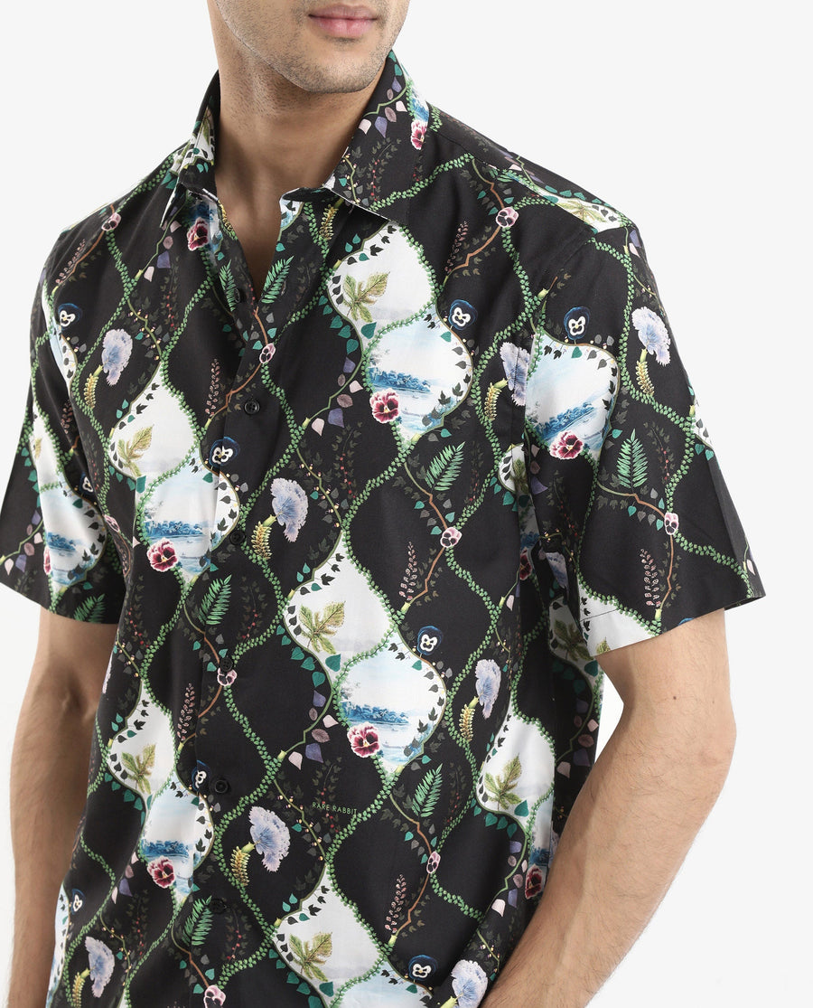 Rare Rabbit Men's Pran Black Viscose Floral Print Regular Fit Half Sleeve Collared Shirt
