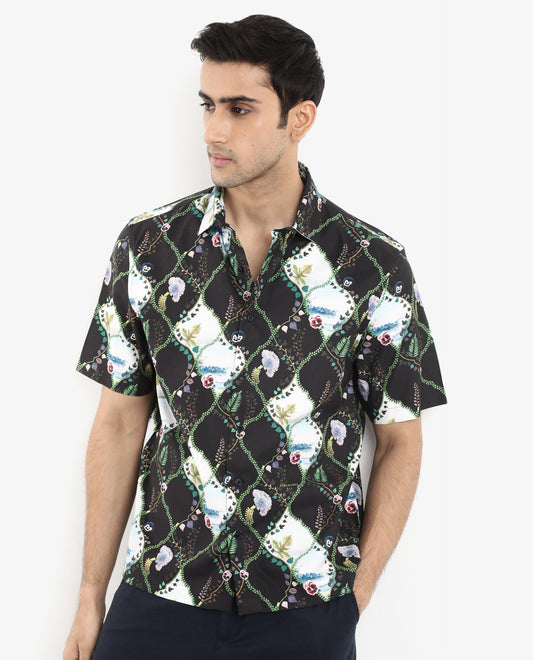 Rare Rabbit Men's Pran Black Viscose Floral Print Regular Fit Half Sleeve Collared Shirt
