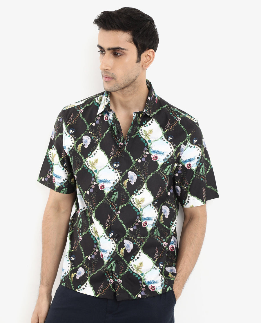 Rare Rabbit Men's Pran Black Viscose Floral Print Regular Fit Half Sleeve Collared Shirt