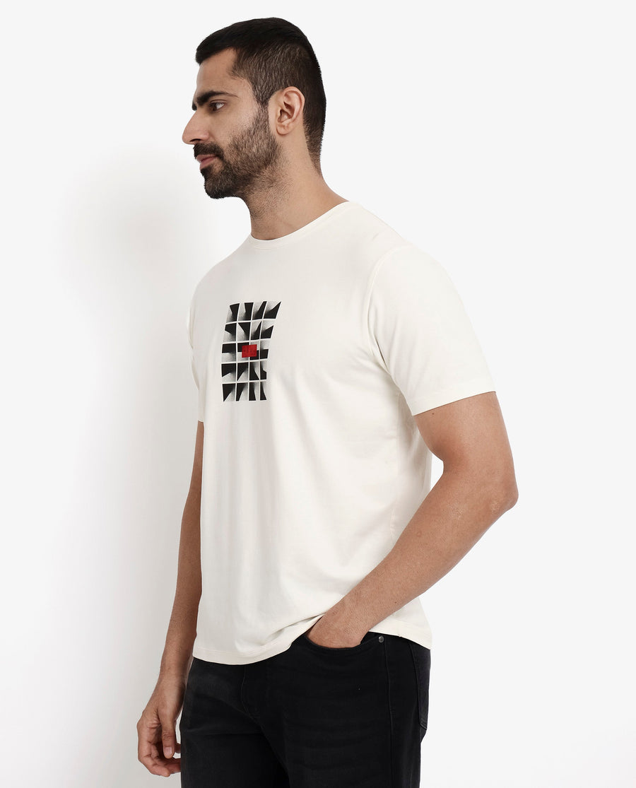 Rare Rabbit Men's Pran Off White Cotton Graphic Print Regular Fit Half Sleeve Crew Neck T-Shirt