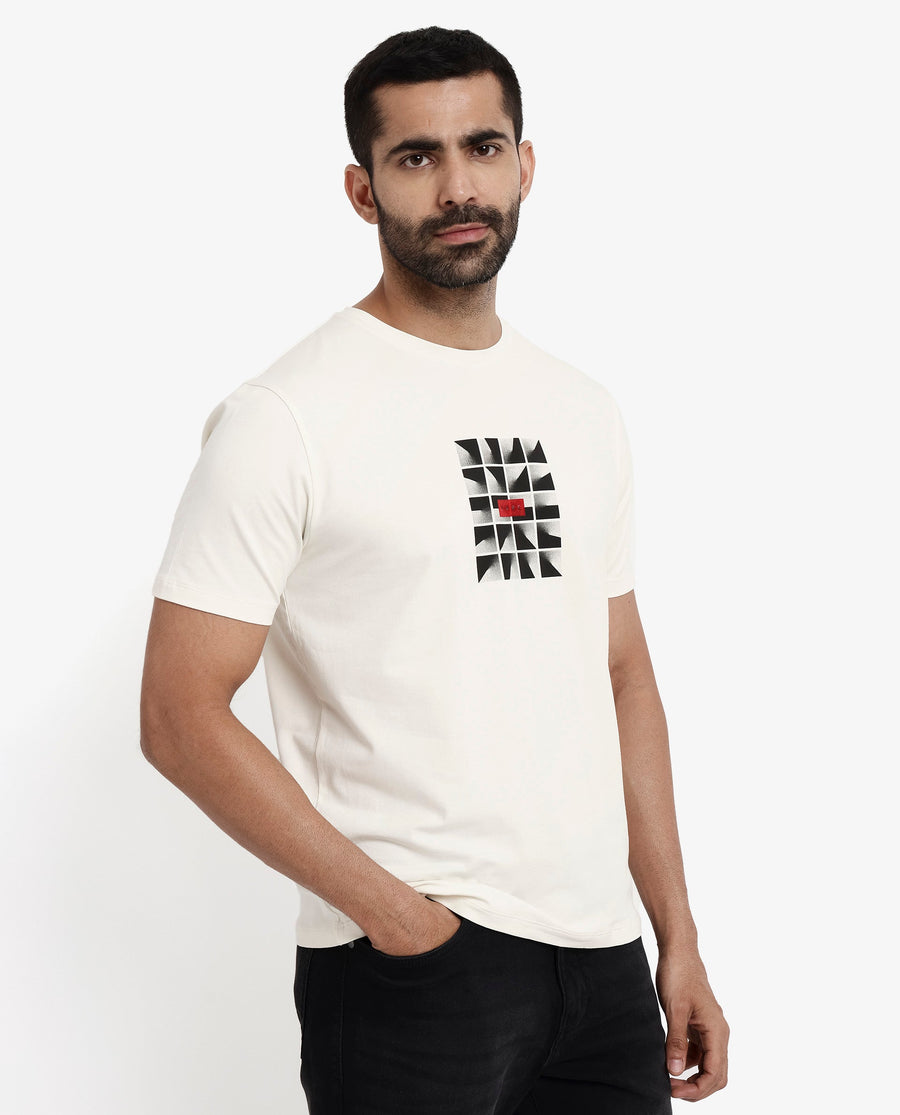 Rare Rabbit Men's Pran Off White Cotton Graphic Print Regular Fit Half Sleeve Crew Neck T-Shirt
