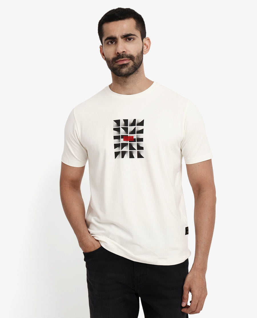Rare Rabbit Men's Pran Off White Cotton Graphic Print Regular Fit Half Sleeve Crew Neck T-Shirt