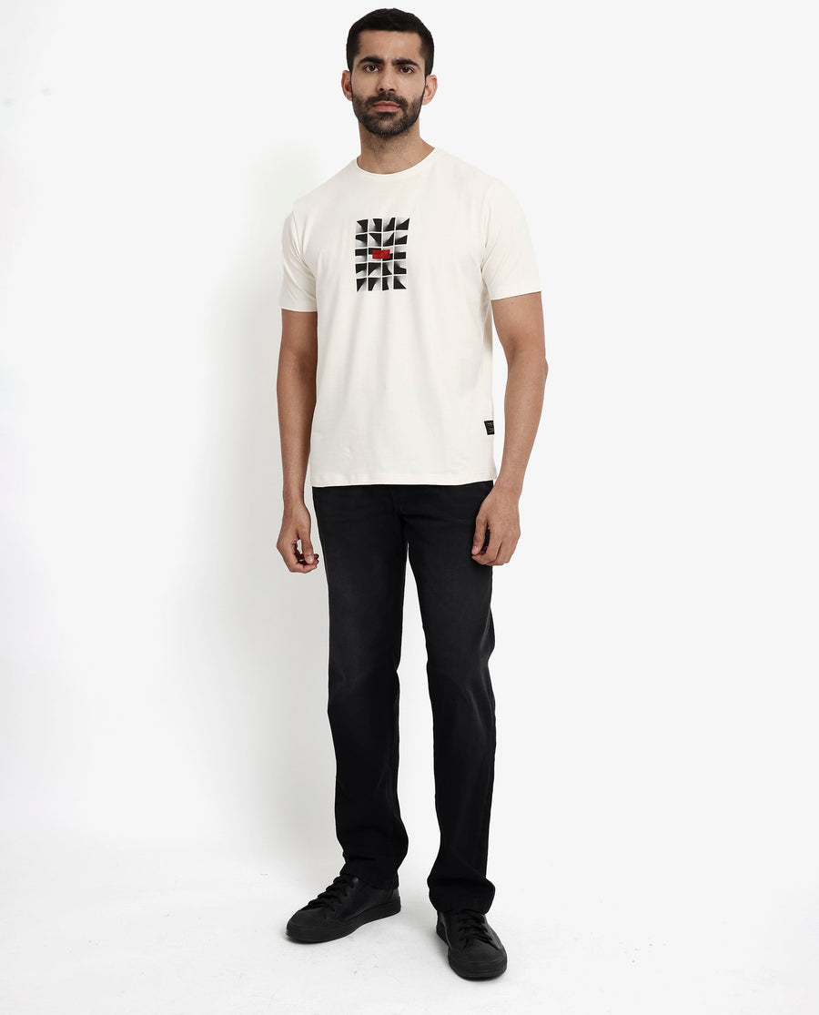 Rare Rabbit Men's Pran Off White Cotton Graphic Print Regular Fit Half Sleeve Crew Neck T-Shirt