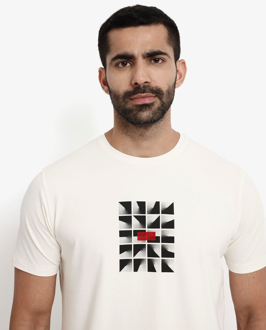 Rare Rabbit Men's Pran Off White Cotton Graphic Print Regular Fit Half Sleeve Crew Neck T-Shirt