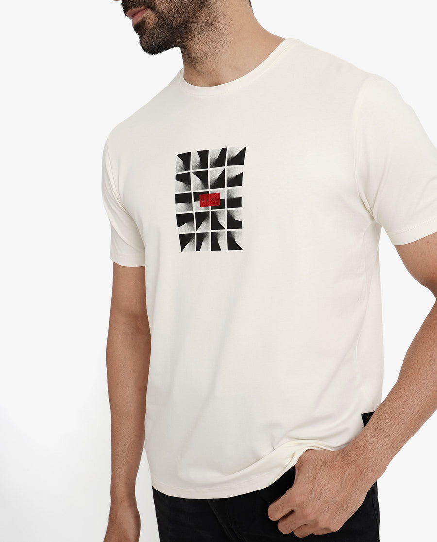 Rare Rabbit Men's Pran Off White Cotton Graphic Print Regular Fit Half Sleeve Crew Neck T-Shirt