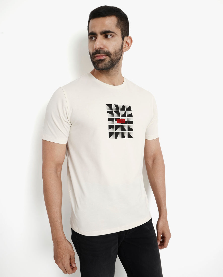 Rare Rabbit Men's Pran Off White Cotton Graphic Print Regular Fit Half Sleeve Crew Neck T-Shirt