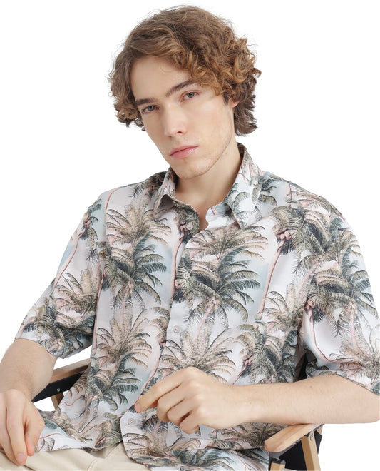 Rare Rabbit Men's Pratts Off White Cotton Abstract Print Regular Fit Half Sleeve Collared Shirt