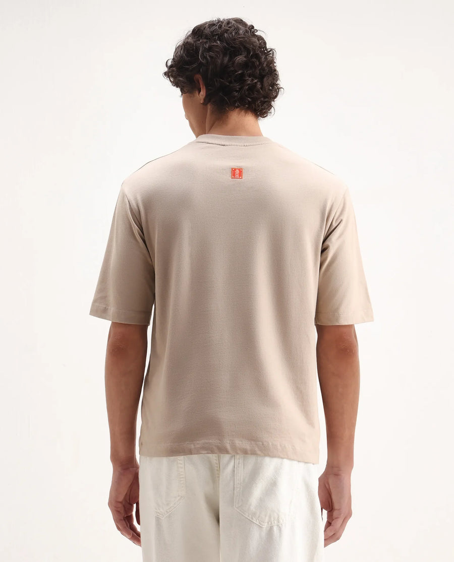 Rare Rabbit Men's Pree Beige Cotton Embroidered Regular Fit Half Sleeve Crew Neck T-Shirt