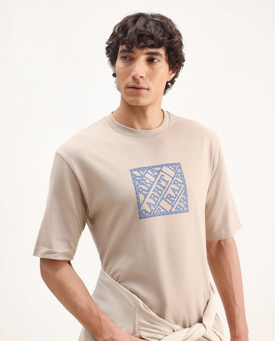 Rare Rabbit Men's Pree Beige Cotton Embroidered Regular Fit Half Sleeve Crew Neck T-Shirt