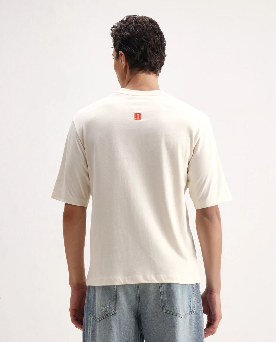 Rare Rabbit Men's Pree Off-White Cotton Embroidered Regular Fit Half Sleeve Crew Neck T-Shirt
