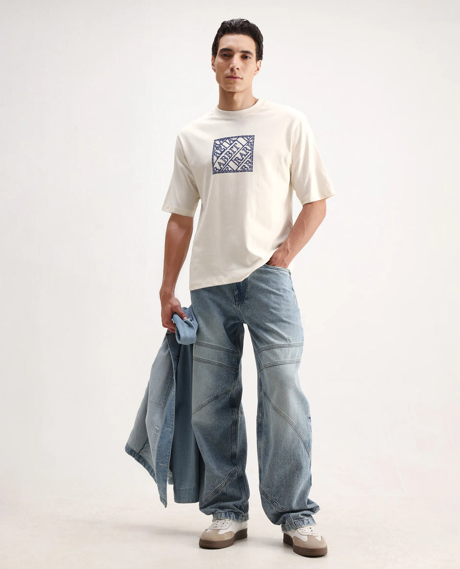 Rare Rabbit Men's Pree Off-White Cotton Embroidered Regular Fit Half Sleeve Crew Neck T-Shirt