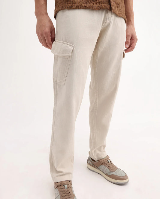 Rare Rabbit Men's Presso-25 Beige Cotton Plain Relaxed Fit Trouser