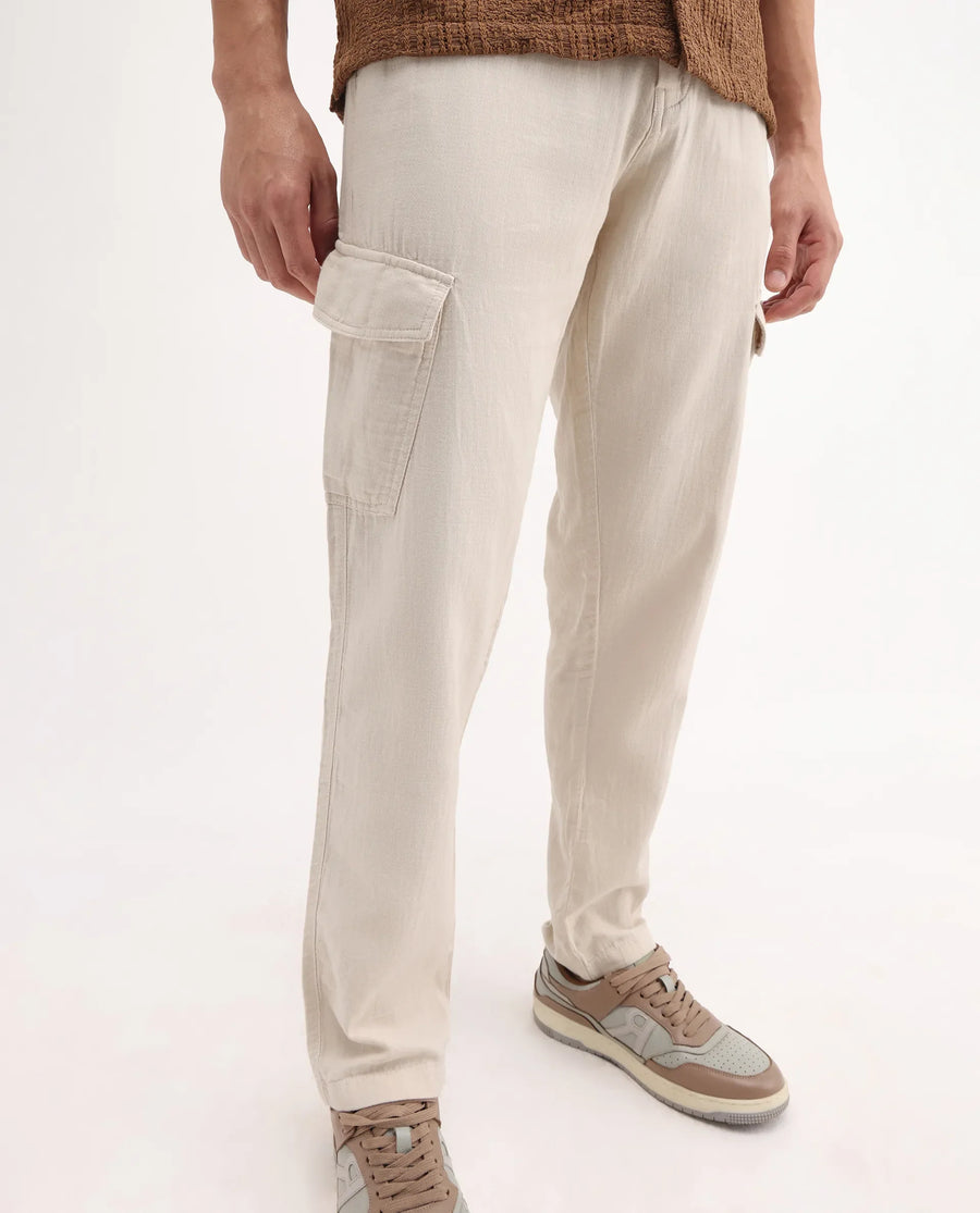 Rare Rabbit Men's Presso-25 Beige Cotton Plain Relaxed Fit Trouser