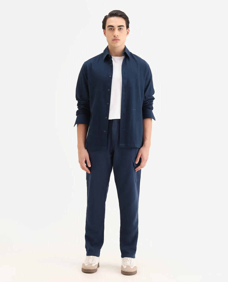 Rare Rabbit Men's Presso-25 Dusky Blue Cotton Plain Relaxed Fit Trouser