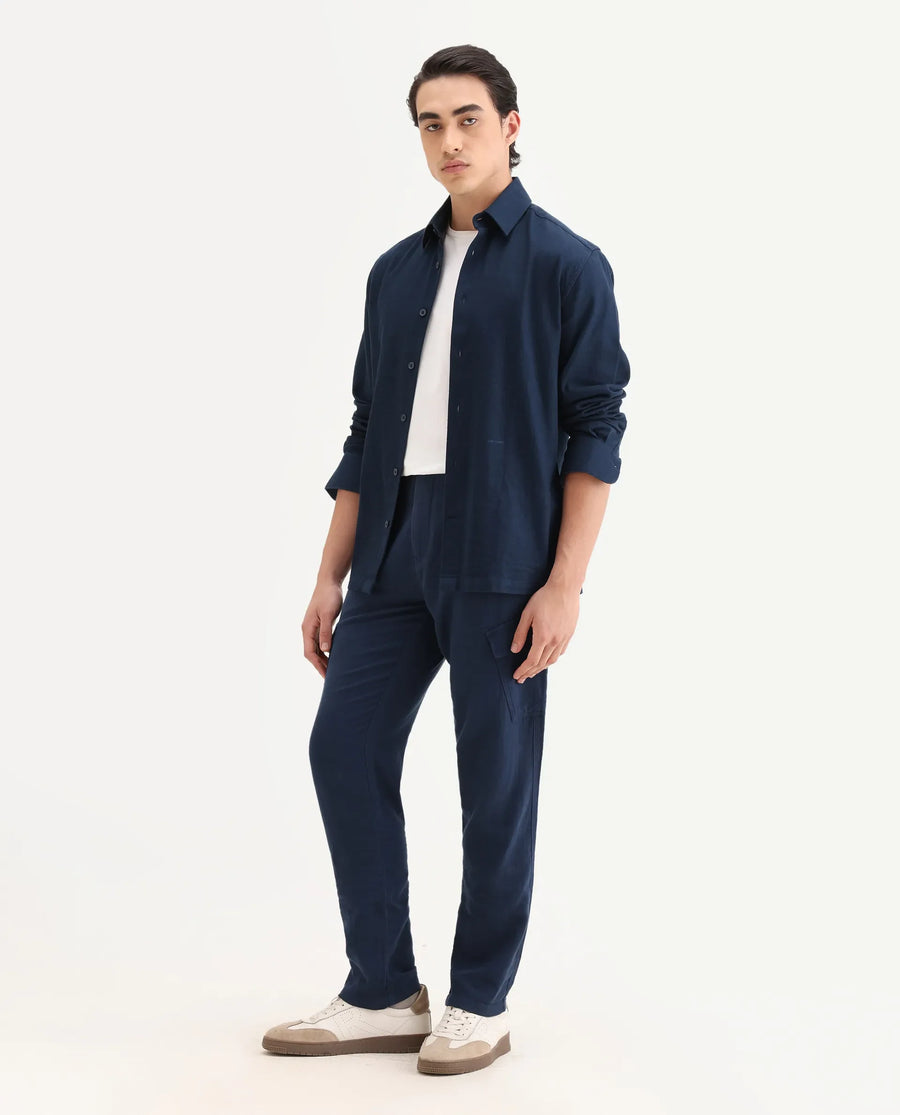 Rare Rabbit Men's Presso-25 Dusky Blue Cotton Plain Relaxed Fit Trouser