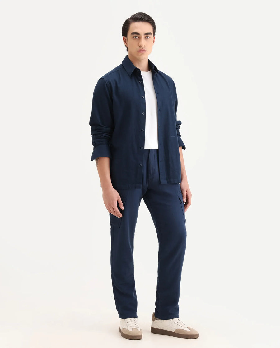 Rare Rabbit Men's Presso-25 Dusky Blue Cotton Plain Relaxed Fit Trouser