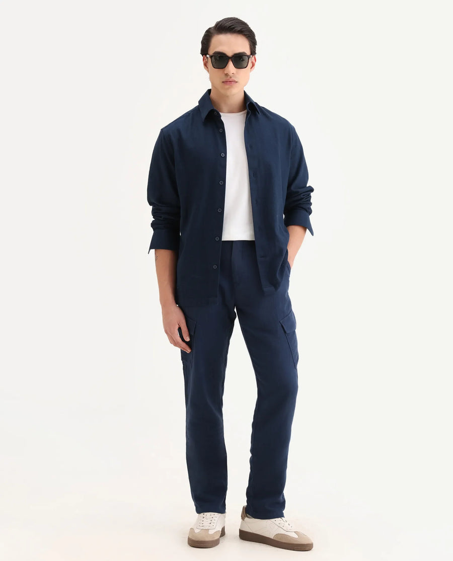 Rare Rabbit Men's Presso-25 Dusky Blue Cotton Plain Relaxed Fit Trouser
