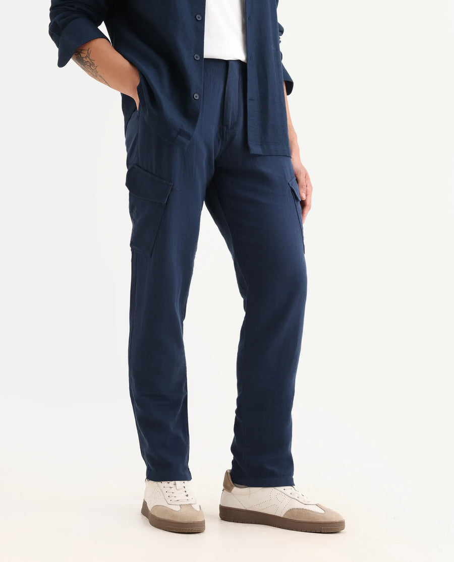 Rare Rabbit Men's Presso-25 Dusky Blue Cotton Plain Relaxed Fit Trouser