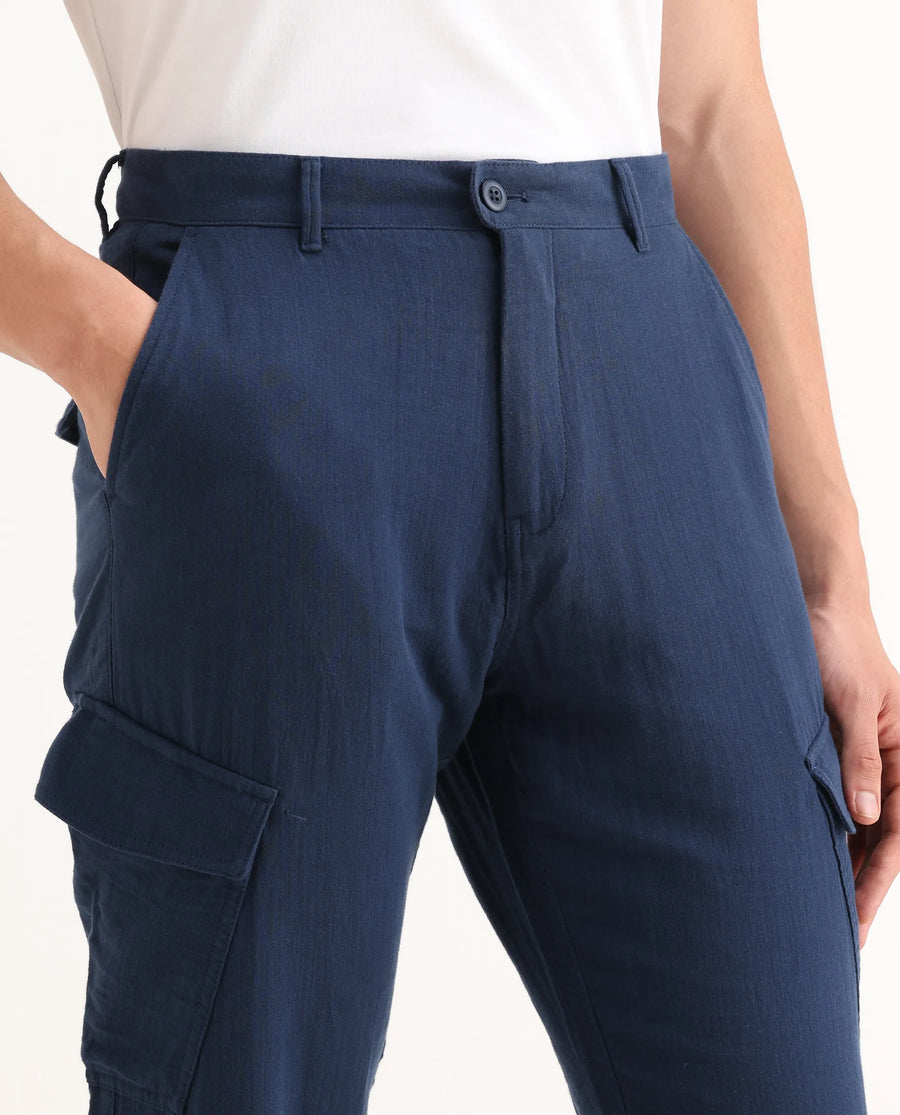 Rare Rabbit Men's Presso-25 Dusky Blue Cotton Plain Relaxed Fit Trouser
