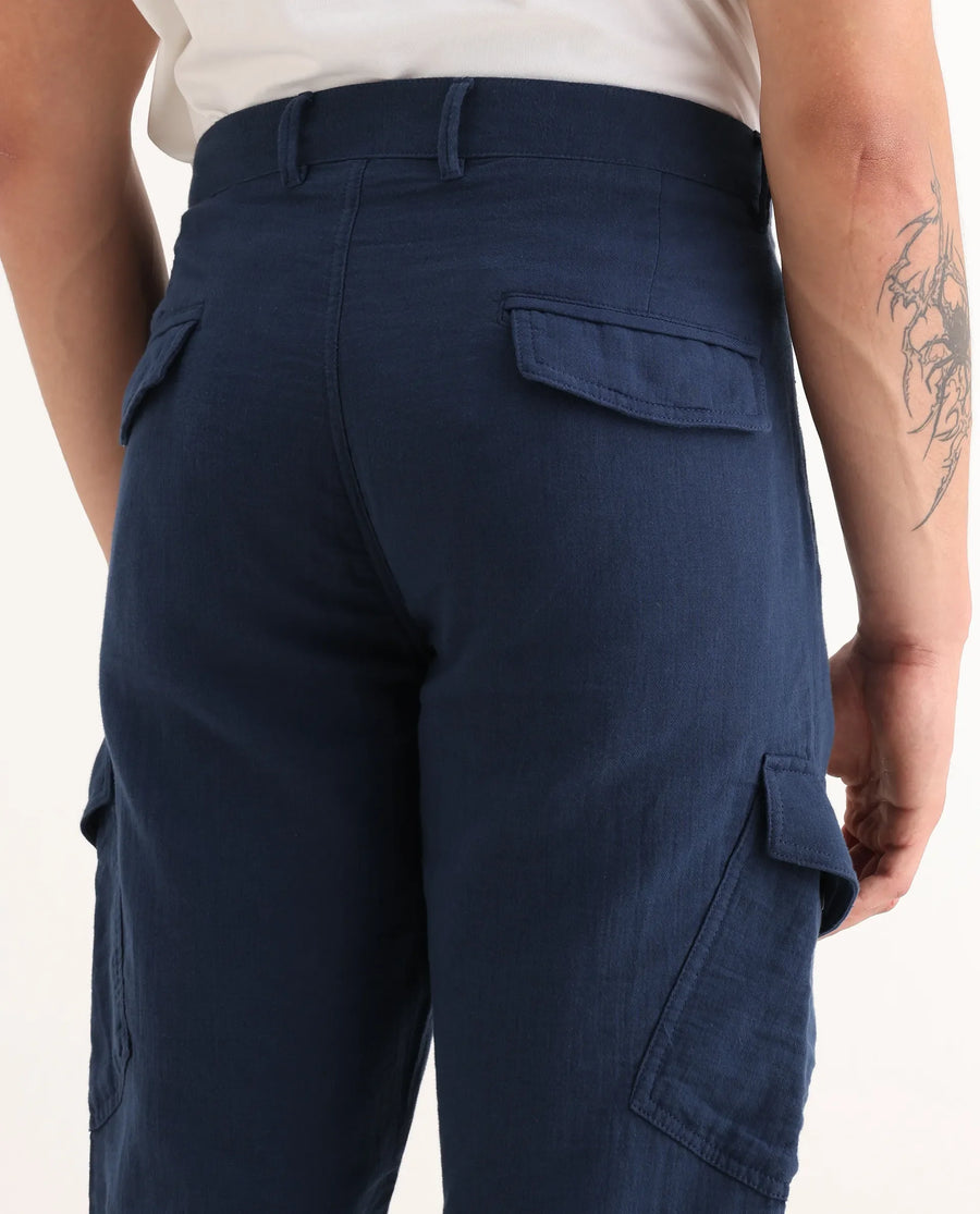 Rare Rabbit Men's Presso-25 Dusky Blue Cotton Plain Relaxed Fit Trouser