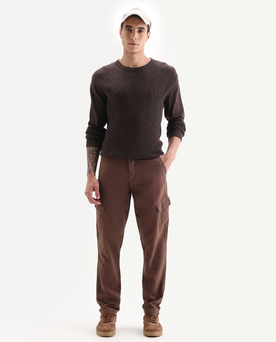 Rare Rabbit Men's Presso 25 Dusky Brown Cotton Plain Relaxed Fit Trouser