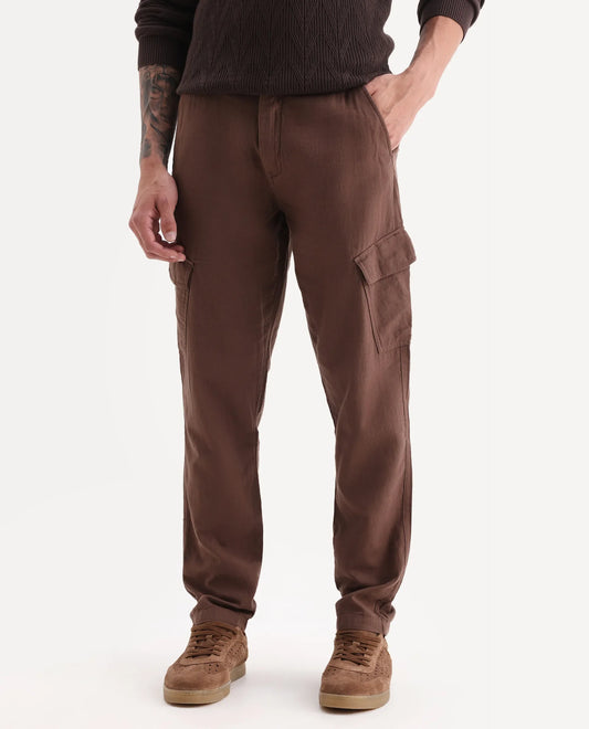 Rare Rabbit Men's Presso 25 Dusky Brown Cotton Plain Relaxed Fit Trouser