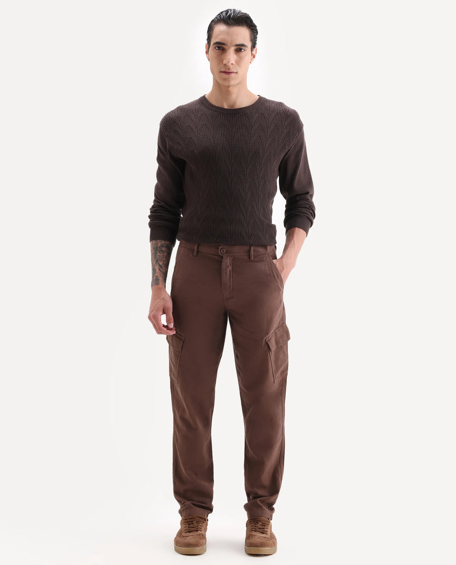 Rare Rabbit Men's Presso 25 Dusky Brown Cotton Plain Relaxed Fit Trouser