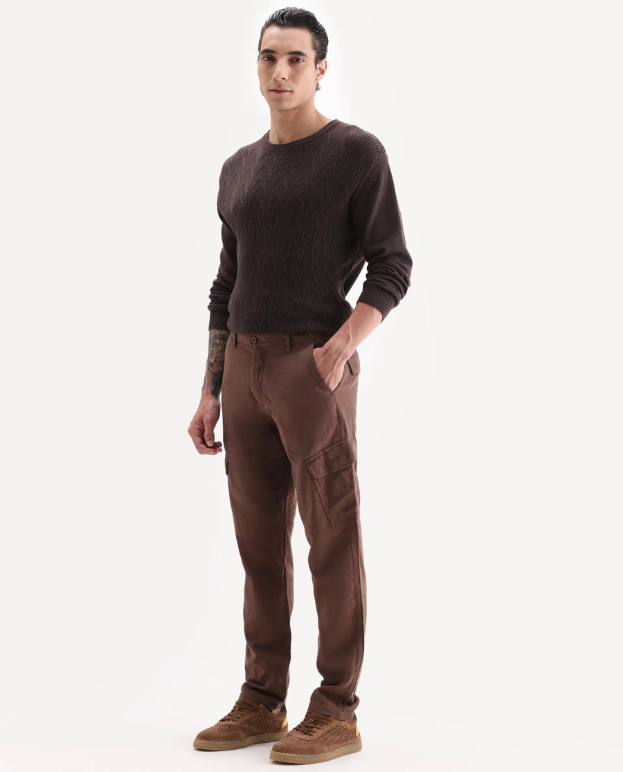 Rare Rabbit Men's Presso 25 Dusky Brown Cotton Plain Relaxed Fit Trouser