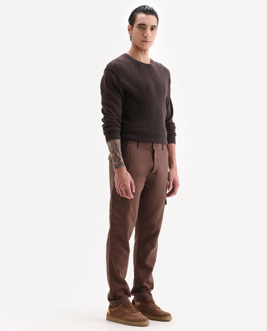 Rare Rabbit Men's Presso 25 Dusky Brown Cotton Plain Relaxed Fit Trouser