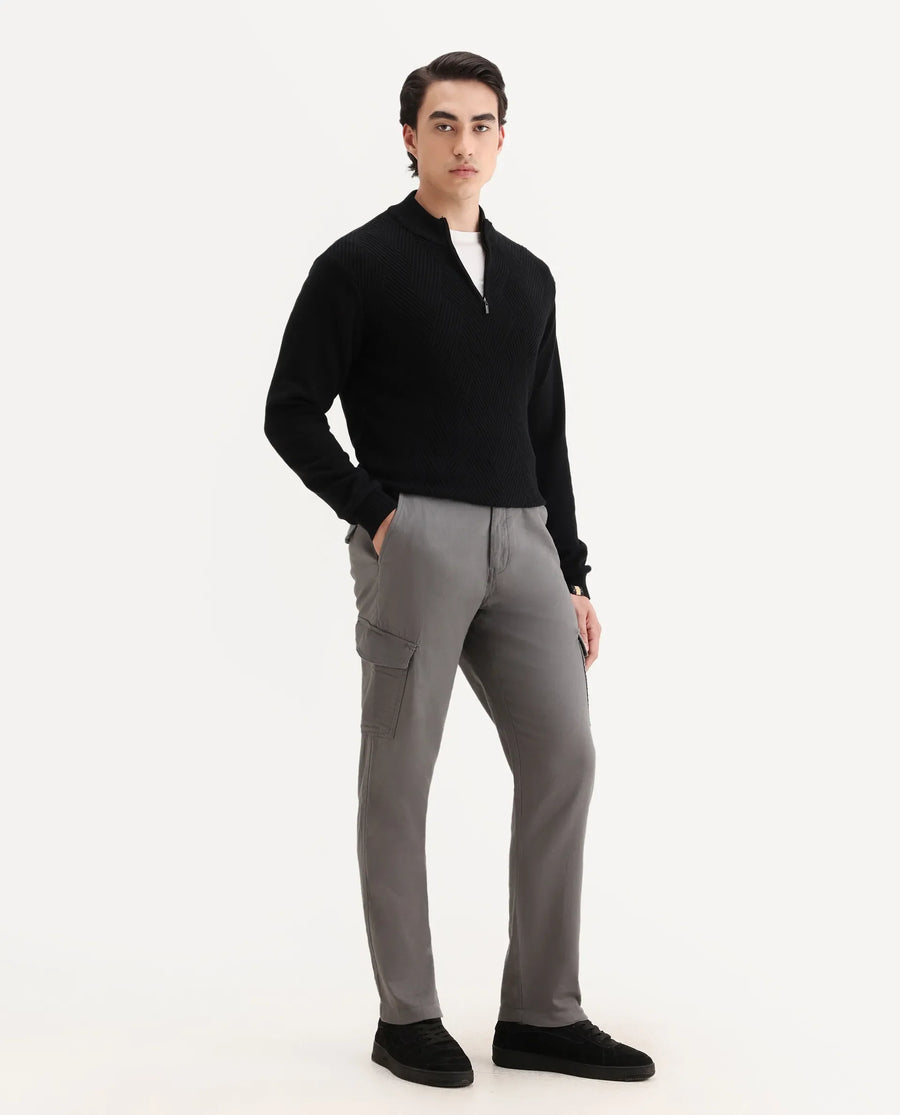 Rare Rabbit Men's Presso-Aw25 Light Grey Cotton Plain Regular Fit Trouser
