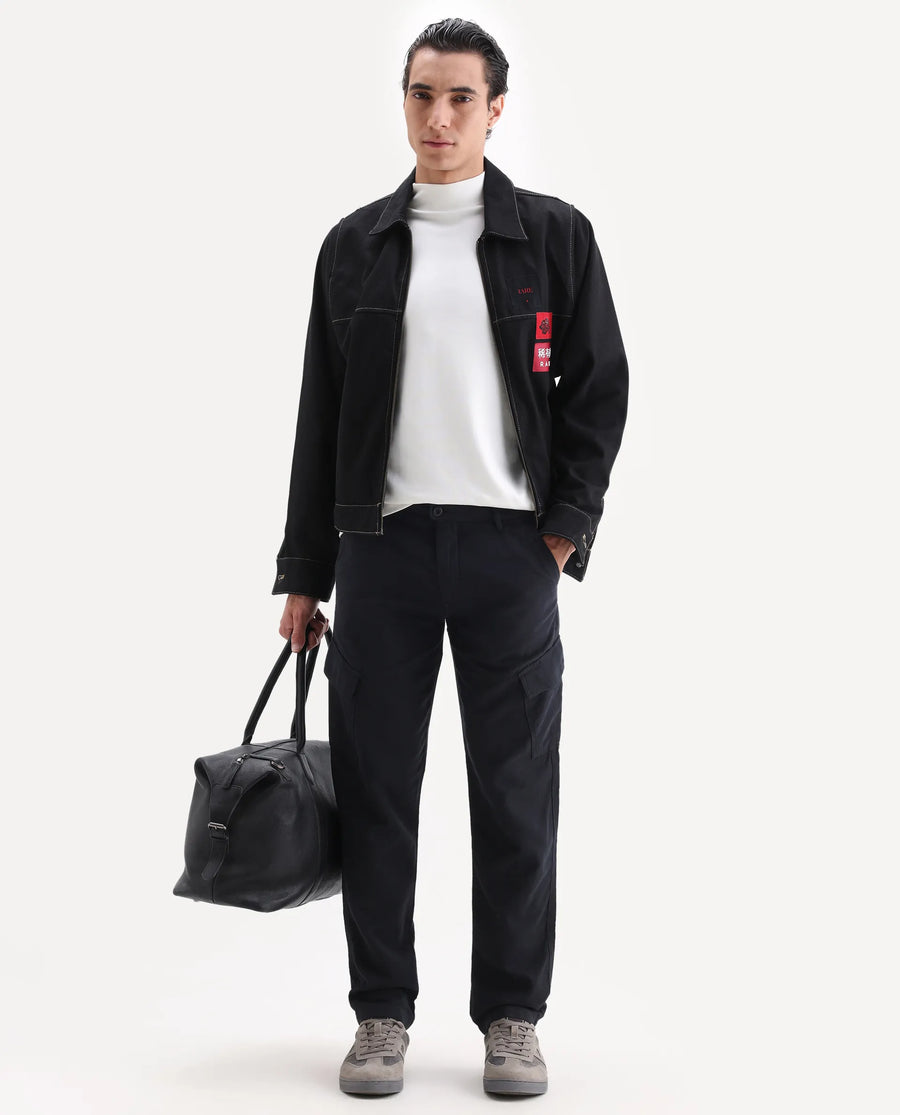 Rare Rabbit Men's Presso 25 Black Cotton Plain Relaxed Fit Trouser