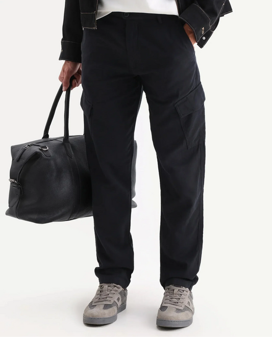 Rare Rabbit Men's Presso 25 Black Cotton Plain Relaxed Fit Trouser
