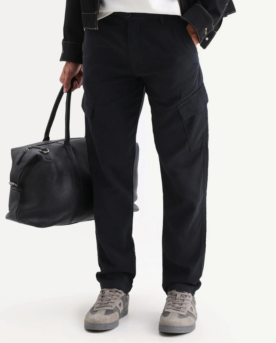 Rare Rabbit Men's Presso 25 Black Cotton Plain Relaxed Fit Trouser
