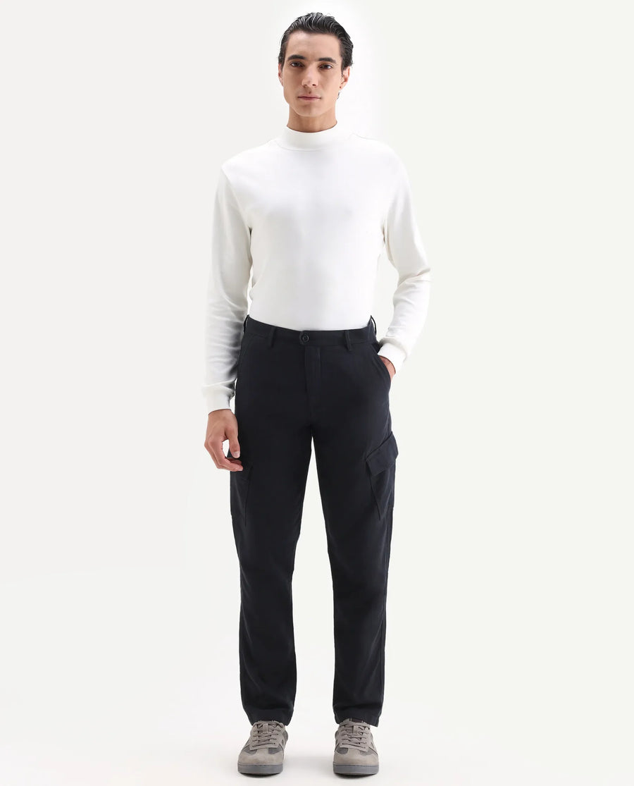 Rare Rabbit Men's Presso 25 Black Cotton Plain Relaxed Fit Trouser