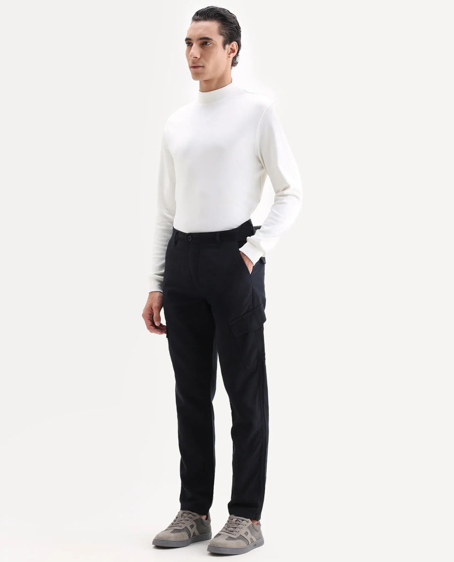 Rare Rabbit Men's Presso 25 Black Cotton Plain Relaxed Fit Trouser